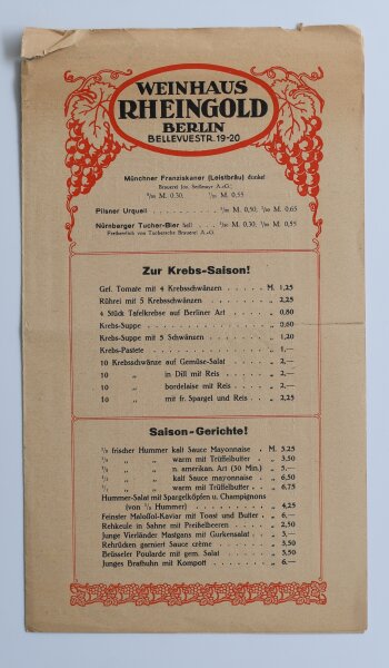 Weinhaus Rheingold Berlin - Menükarte - Offsetdruck - 23.6.1930