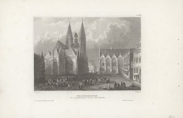 Robert William Wallis - Braunschweig - Der Altstadtmarkt mit der Martinikirche - Stahlstich - 1. Hälfte 19. Jhd.