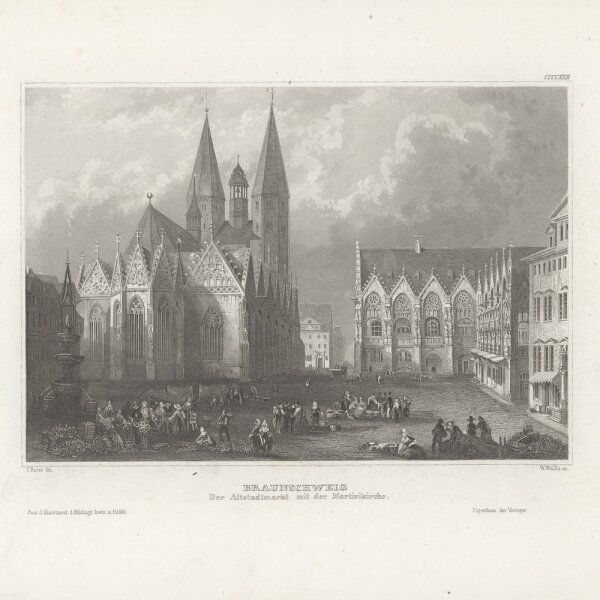 Robert William Wallis - Braunschweig - Der Altstadtmarkt mit der Martinikirche - Stahlstich - 1. Hälfte 19. Jhd.