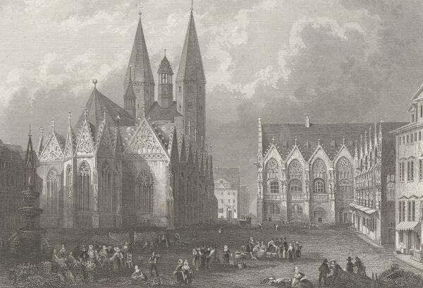 Robert William Wallis - Braunschweig - Der Altstadtmarkt mit der Martinikirche - Stahlstich - 1. Hälfte 19. Jhd.