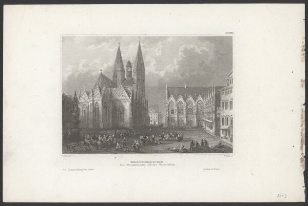 Robert William Wallis - Braunschweig - Der Altstadtmarkt mit der Martinikirche - Stahlstich - 1. Hälfte 19. Jhd.