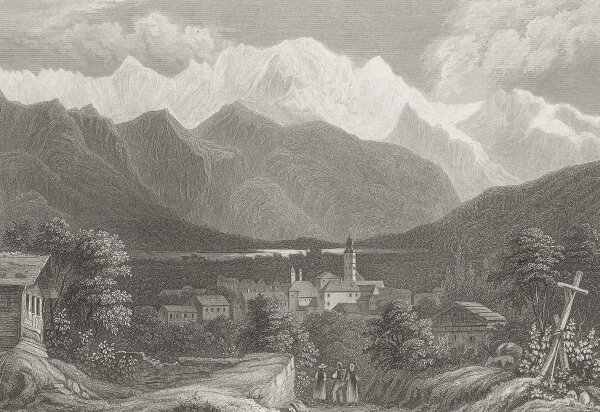 Carl Reiss - Der Montblanc von Sallenche aus gesehen - Stahlstich - 1. Hälfte 19. Jhd.