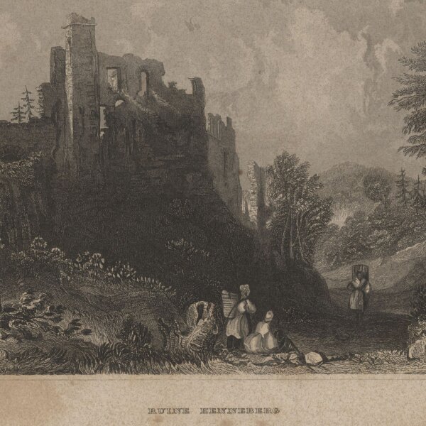 Bibliographisches Institut in Hildburghausen - Ruine Henneberg - Stahlstich - um 1850