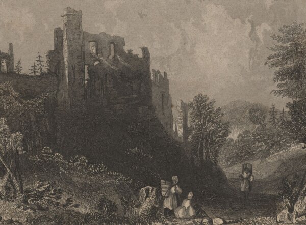 Bibliographisches Institut in Hildburghausen - Ruine Henneberg - Stahlstich - um 1850