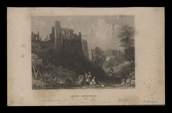 Bibliographisches Institut in Hildburghausen - Ruine Henneberg - Stahlstich - um 1850
