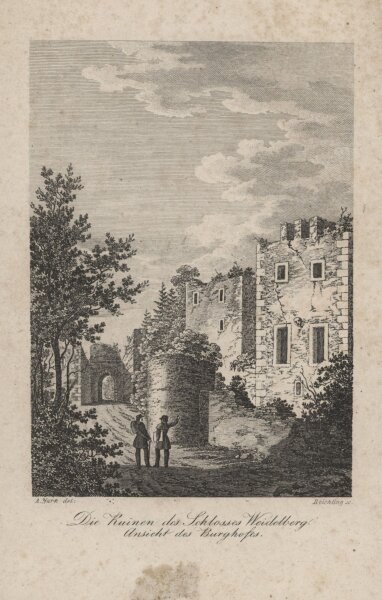 A. Yark - Ruinen des Schlosses Weidelberg - Stahlstich - um 1860