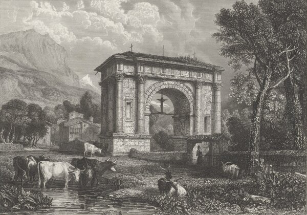 Unbekannt - Der Triumphbogen des Augustus bei Aosta - Stahlstich - 1. Hälfte 19. Jhd.