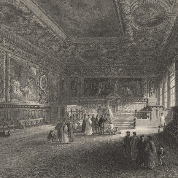 Ebenezer Challis - Hall of the Council, Doge’s Palace, Venice - Stahlstich - Erste Hälfte 19. Jhd.