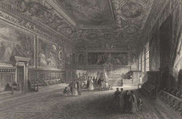 Ebenezer Challis - Hall of the Council, Doge’s Palace, Venice - Stahlstich - Erste Hälfte 19. Jhd.