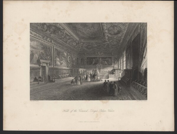 Ebenezer Challis - Hall of the Council, Doge’s Palace, Venice - Stahlstich - Erste Hälfte 19. Jhd.