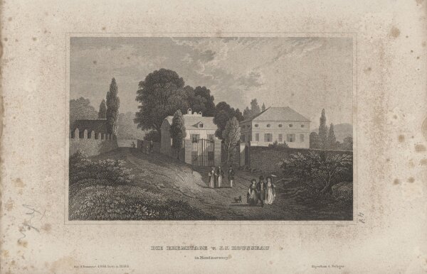 Bibliographisches Institut in Hildburghausen - Eremitage von J. J. Rousseau - Stahlstich - um 1850