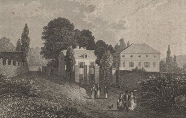 Bibliographisches Institut in Hildburghausen - Eremitage von J. J. Rousseau - Stahlstich - um 1850