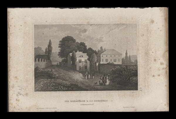 Bibliographisches Institut in Hildburghausen - Eremitage von J. J. Rousseau - Stahlstich - um 1850
