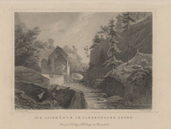 Druck & Verlag v. G.G. Lange in Darmstadt - Lochmühle im Liebenthaler Grund - Stahlstich - um 1840
