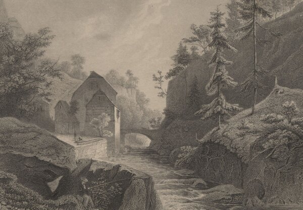 Druck & Verlag v. G.G. Lange in Darmstadt - Lochmühle im Liebenthaler Grund - Stahlstich - um 1840