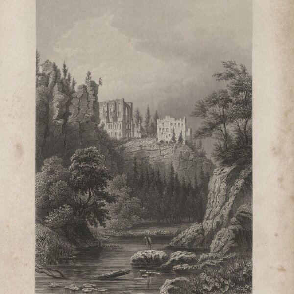 Bibliographisches Institut in Hildburghausen - Ruinen des Oybin - Stahlstich - um 1850