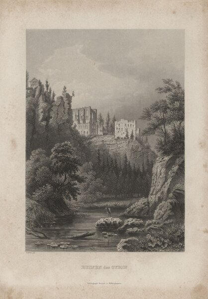 Bibliographisches Institut in Hildburghausen - Ruinen des Oybin - Stahlstich - um 1850