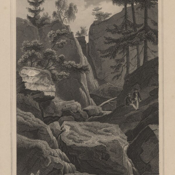 Druck & Verlag v. G.G. Lange in Darmstadt - Wasserfall bei Langhennersdorf - Stahlstich - um 1870