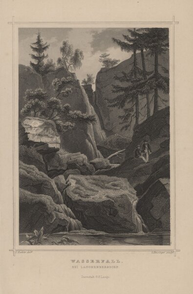 Druck & Verlag v. G.G. Lange in Darmstadt - Wasserfall bei Langhennersdorf - Stahlstich - um 1870