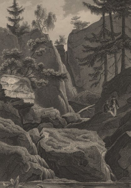 Druck & Verlag v. G.G. Lange in Darmstadt - Wasserfall bei Langhennersdorf - Stahlstich - um 1870