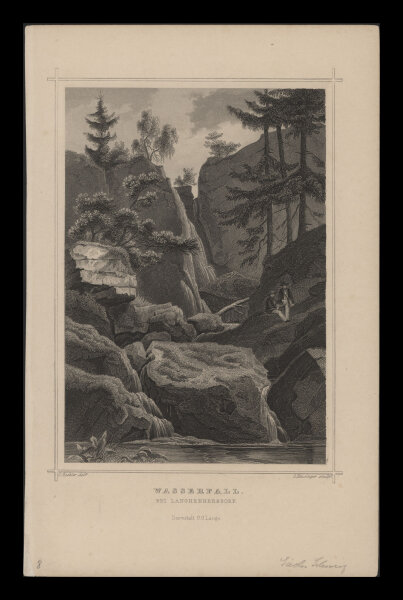 Druck & Verlag v. G.G. Lange in Darmstadt - Wasserfall bei Langhennersdorf - Stahlstich - um 1870