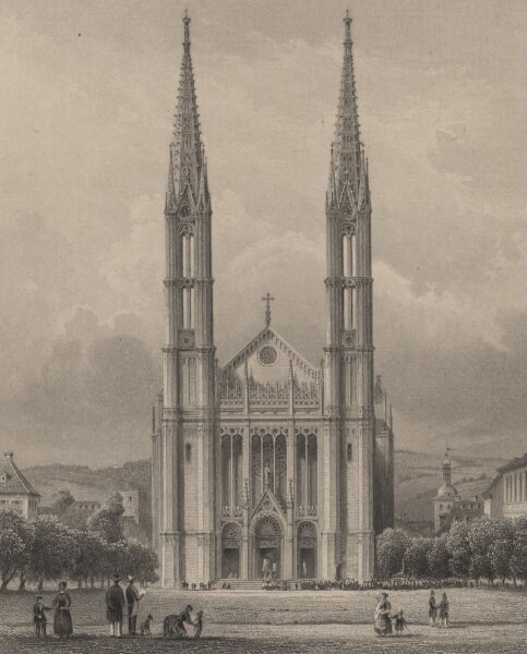 Ludwig Rohbock - Die Neue Katholische Kirche in Wiesbaden - Stahlstich - um 1850