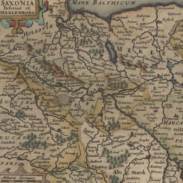 HONDIUS, Jodocus & JANSSON, Jan. - SAXONIA Inferior et Meklenborg - altkolorierter Kupferstich - 1628
