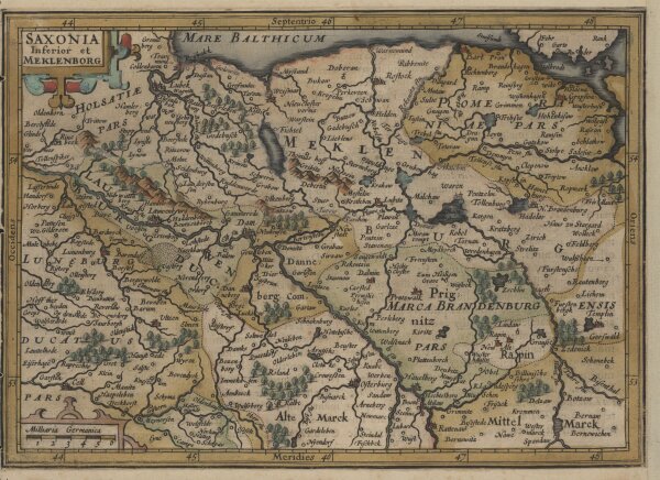 HONDIUS, Jodocus & JANSSON, Jan. - SAXONIA Inferior et Meklenborg - altkolorierter Kupferstich - 1628