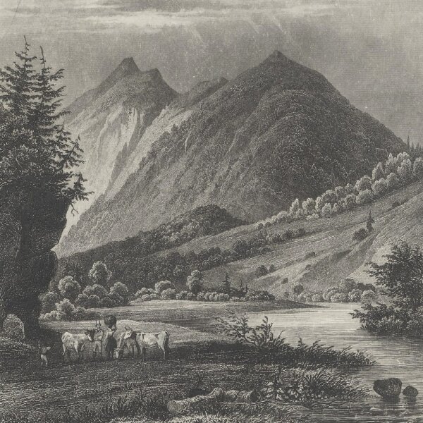 Emil Höfer - Das Kaswendel Gebirge. Loisach Thal bey Hohenau - Stahlstich - Erste Hälfte 19. Jhd.