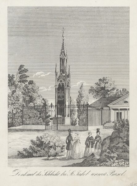Peter Röhrich - Denkmal der Schlacht bei St. Jakob unweit Basel - Stahlstich - Erste Hälfte 19. Jhd.