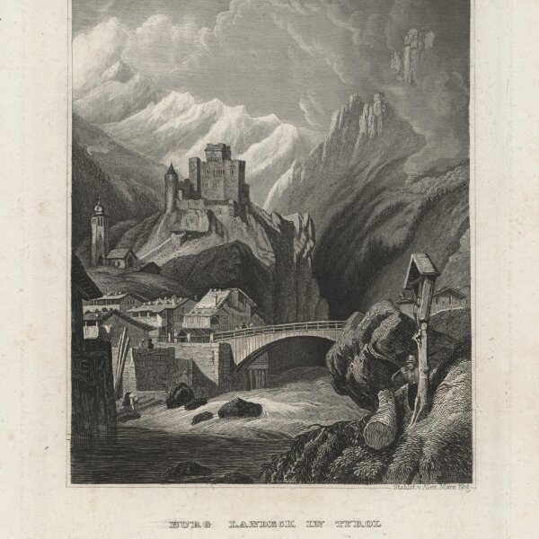 Bibliographisches Institut in Hildburghausen - Burg Landbeck in Tyrol - Stahlstich - um 1860