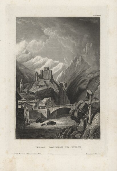 Bibliographisches Institut in Hildburghausen - Burg Landbeck in Tyrol - Stahlstich - um 1860