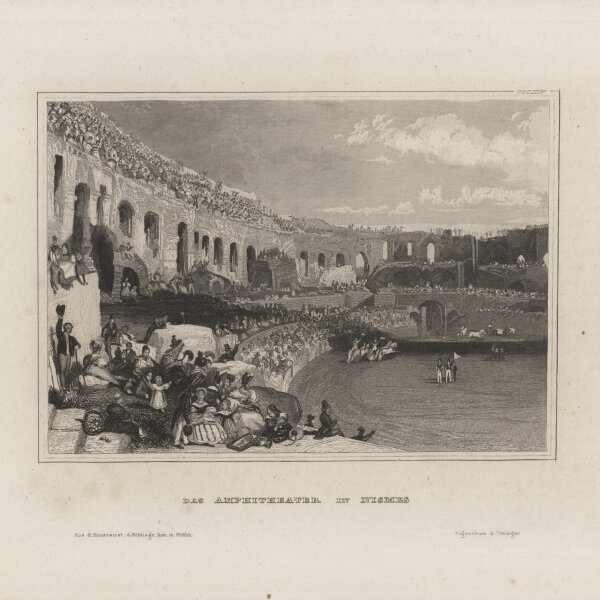 Bibliographisches Institut in Hildburghausen - Das Amphitheater in Nismes - Stahlstich - um 1850