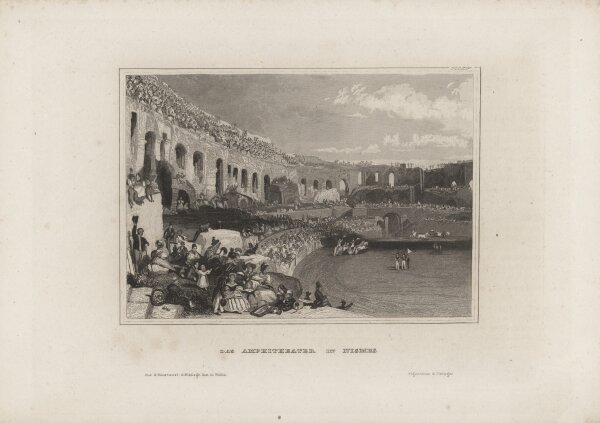 Bibliographisches Institut in Hildburghausen - Das Amphitheater in Nismes - Stahlstich - um 1850