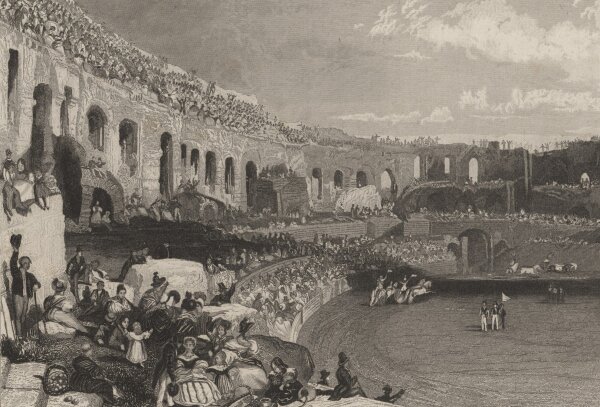 Bibliographisches Institut in Hildburghausen - Das Amphitheater in Nismes - Stahlstich - um 1850