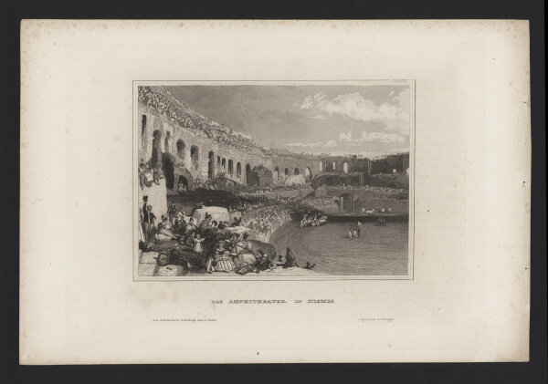 Bibliographisches Institut in Hildburghausen - Das Amphitheater in Nismes - Stahlstich - um 1850