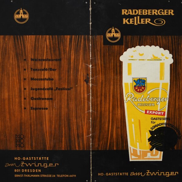 Radeberger Keller, HO Gaststätte am Zwinger - Speisen- und Getränkekarte - Offset - 1960er?