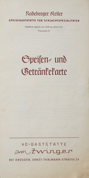 Radeberger Keller, HO Gaststätte am Zwinger - Speisen- und Getränkekarte - Offset - 1960er?