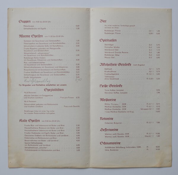 Radeberger Keller, HO Gaststätte am Zwinger - Speisen- und Getränkekarte - Offset - 1960er?