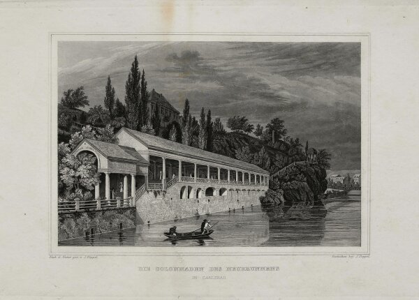 Johann Poppel - Die Kolonnaden des Neubrunnens in Karlsbad - Stahlstich - um 1850