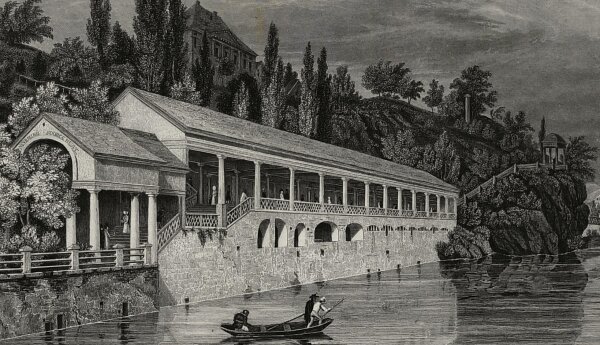 Johann Poppel - Die Kolonnaden des Neubrunnens in Karlsbad - Stahlstich - um 1850