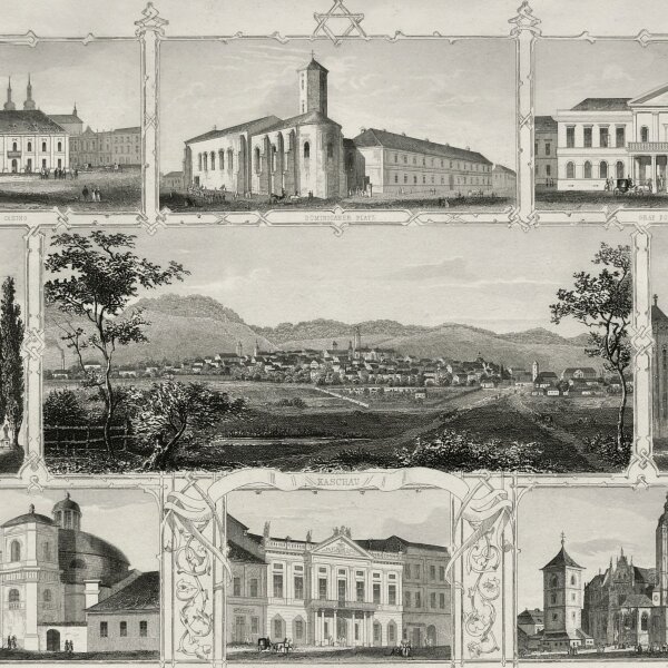 Kunst-Anstalt des Oest. Lloyd in Triest - Kaschau und seine merkwürdigsten Orte - Stahlstich - um 1850