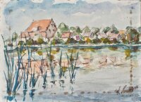 unleserlich signiert - Dorf am See - o.J. - Aquarell